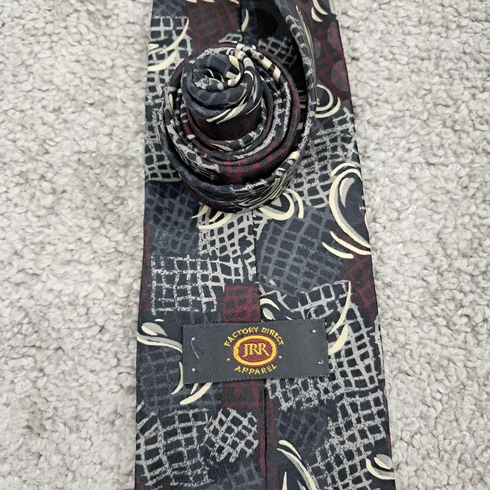 JRR Factory Direct Apparel Mens Silk Tie Burgundy‎ Grey Abstract Geometric USA